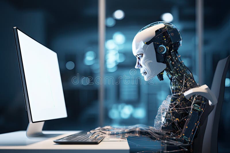 Roboter sitzt am Schreibtisch mit Laptop vor ihm. durch generative Hilfe. vektor abbildung