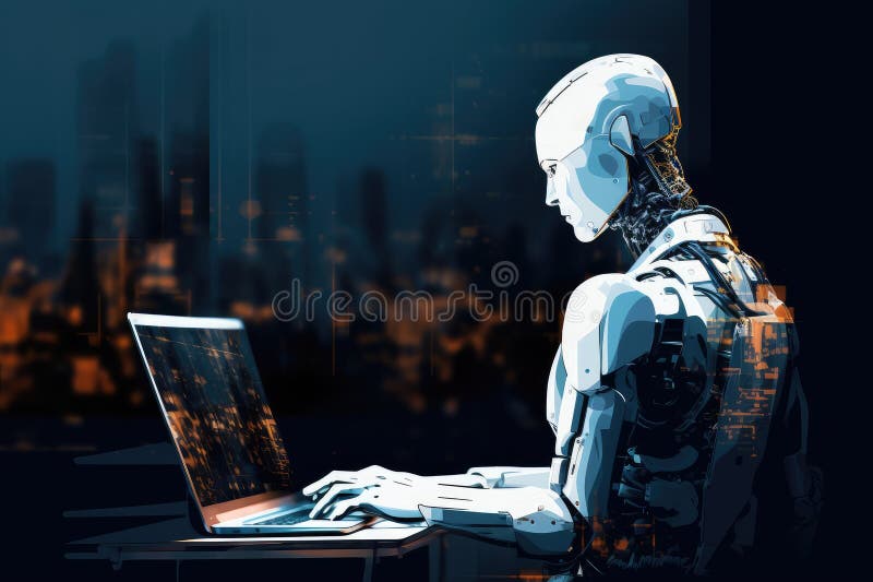 Roboter sitzt am Schreibtisch mit Laptop vor ihm. durch generative Hilfe. stock abbildung
