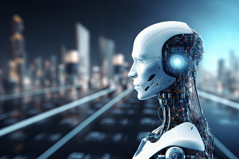 Roboter sitzt am Schreibtisch mit Laptop vor ihm. durch generative Hilfe. stock abbildung
