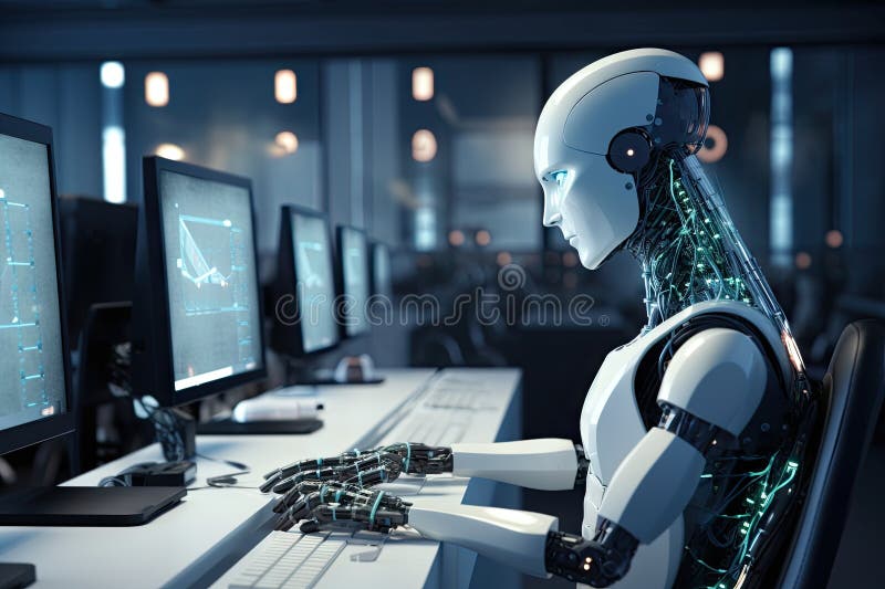 Roboter sitzt am Schreibtisch mit Laptop vor ihm. durch generative Hilfe. vektor abbildung