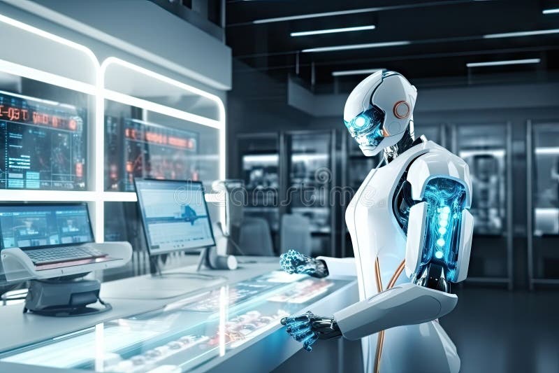 Roboter sitzt am Schreibtisch mit Laptop vor ihm. durch generative Hilfe. lizenzfreie abbildung