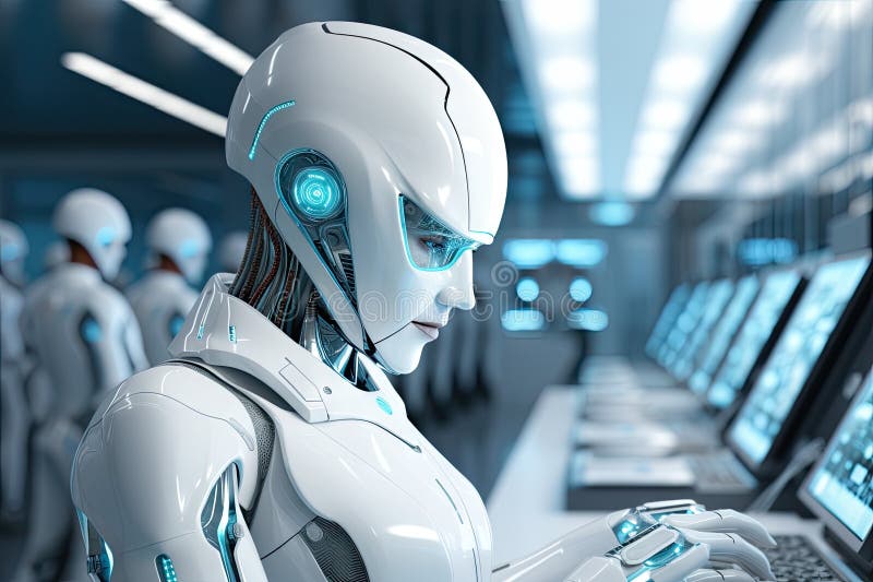 Roboter sitzt am Schreibtisch mit Laptop vor ihm. durch generative Hilfe. stock abbildung