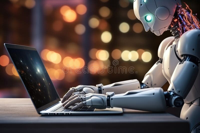 Roboter sitzt am Schreibtisch mit Laptop vor ihm. durch generative Hilfe. vektor abbildung