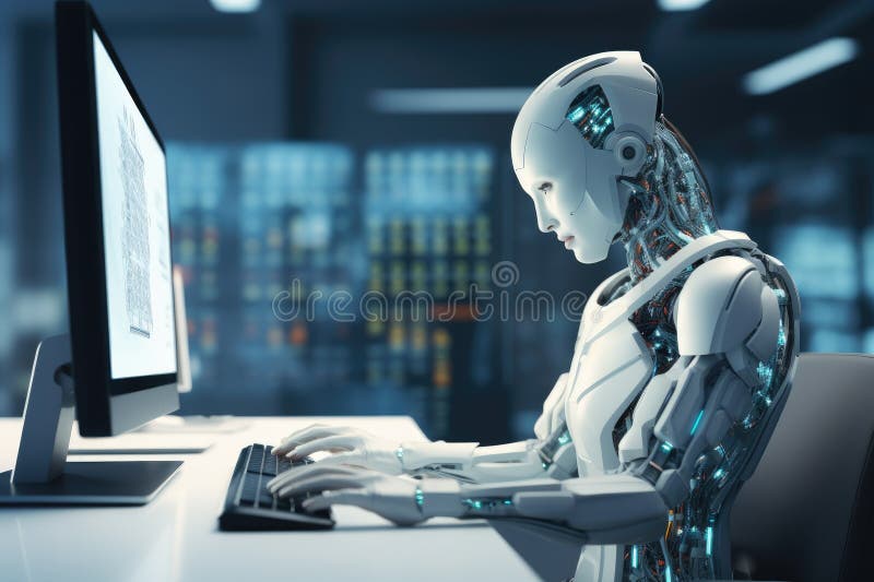 Roboter sitzt am Schreibtisch mit Laptop vor ihm. durch generative Hilfe. vektor abbildung