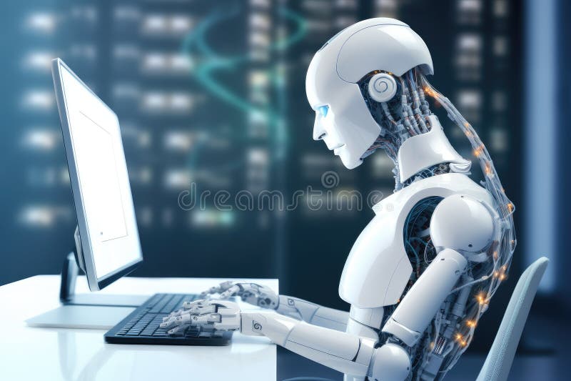 Roboter sitzt am Schreibtisch mit Laptop vor ihm. durch generative Hilfe. lizenzfreie abbildung