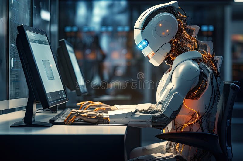 Roboter sitzt am Schreibtisch mit Laptop vor ihm. durch generative Hilfe. stock abbildung