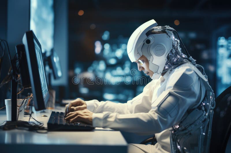 Roboter sitzt am Schreibtisch mit Laptop vor ihm. durch generative Hilfe. stock abbildung
