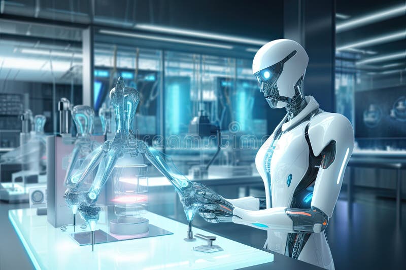 Roboter sitzt am Schreibtisch mit Laptop vor ihm. durch generative Hilfe. lizenzfreie abbildung