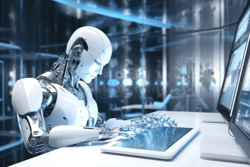 Roboter sitzt am Schreibtisch mit Laptop vor ihm. durch generative Hilfe. lizenzfreie abbildung