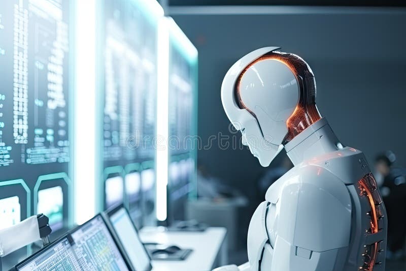 Roboter sitzt am Schreibtisch mit Laptop vor ihm. durch generative Hilfe. stock abbildung