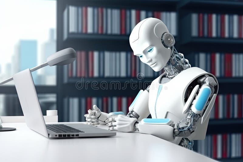 Roboter sitzt am Schreibtisch mit Laptop vor ihm. durch generative Hilfe. vektor abbildung