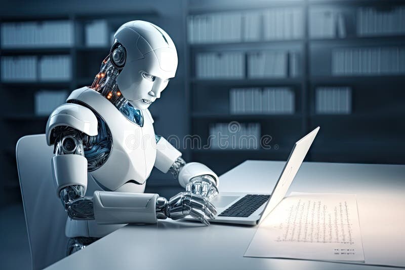 Roboter sitzt am Schreibtisch mit Laptop vor ihm. durch generative Hilfe. stock abbildung