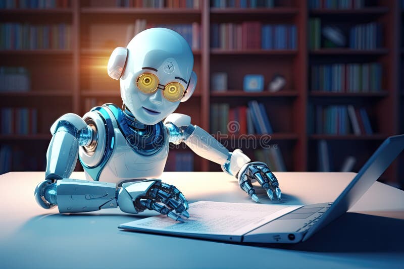 Roboter sitzt am Schreibtisch mit Laptop vor ihm. durch generative Hilfe. vektor abbildung