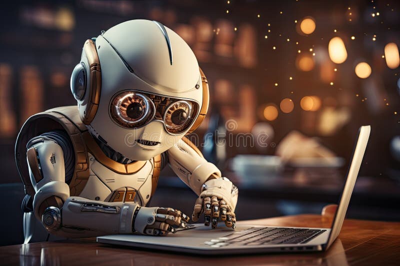 Roboter sitzt am Schreibtisch mit Laptop vor ihm. durch generative Hilfe. vektor abbildung