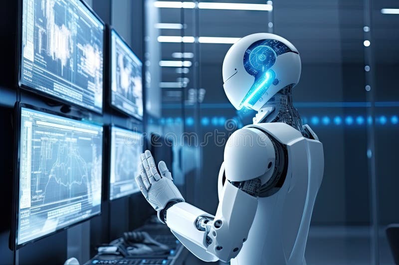 Roboter sitzt am Schreibtisch mit Laptop vor ihm. durch generative Hilfe. ai generiert