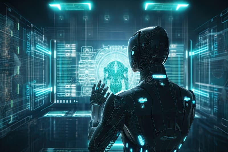 Roboter sitzt am Schreibtisch mit Laptop vor ihm. durch generative Hilfe. lizenzfreie abbildung