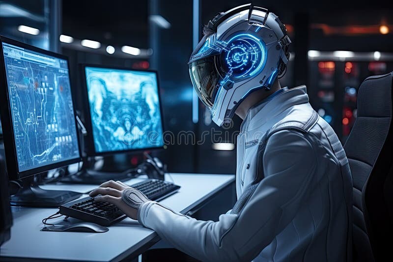 Roboter sitzt am Schreibtisch mit Laptop vor ihm. durch generative Hilfe. lizenzfreie abbildung