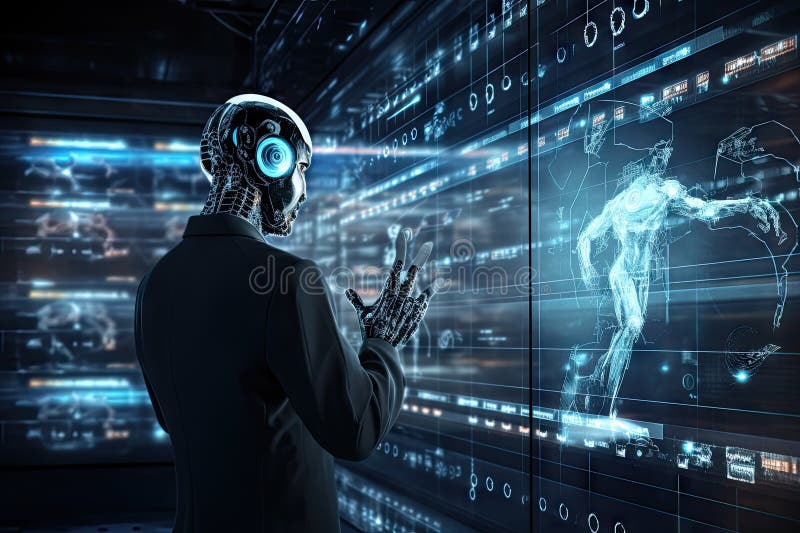Roboter sitzt am Schreibtisch mit Laptop vor ihm. durch generative Hilfe. vektor abbildung