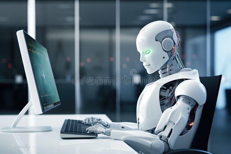 Roboter sitzt am Schreibtisch mit Laptop vor ihm. durch generative Hilfe. lizenzfreie abbildung