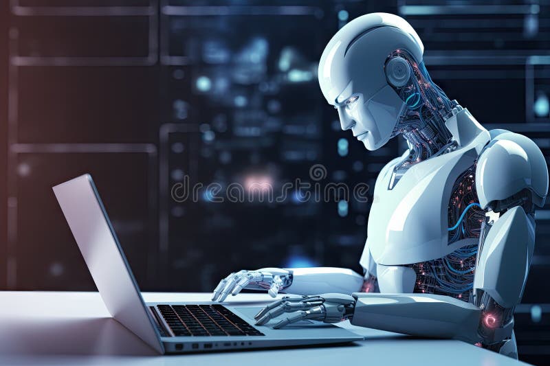 Roboter sitzt am Schreibtisch mit Laptop vor ihm. durch generative Hilfe. stock abbildung