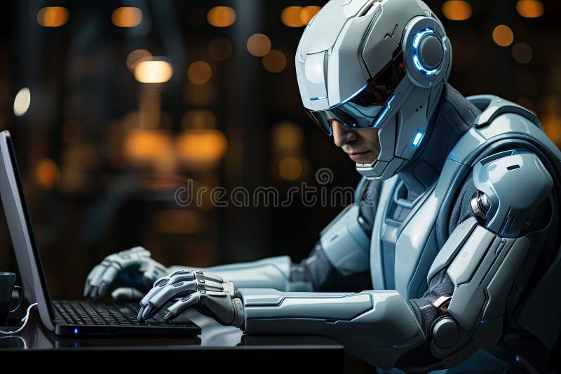 Roboter sitzt am Schreibtisch mit Laptop vor ihm. durch generative Hilfe. stock abbildung