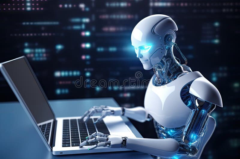 Roboter sitzt am Schreibtisch mit Laptop vor ihm. durch generative Hilfe. stock abbildung