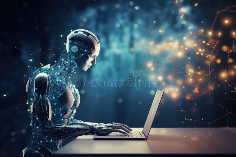 Roboter sitzt am Schreibtisch mit Laptop vor ihm. durch generative Hilfe. stock abbildung