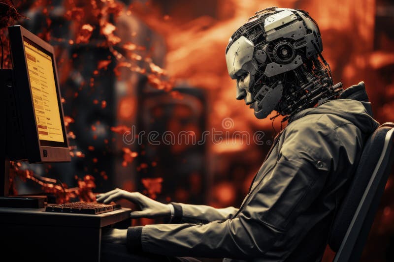 Roboter sitzt am Schreibtisch mit Laptop vor ihm. durch generative Hilfe. stock abbildung