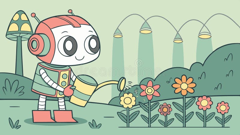 Roboter tendieren zu Blumen automatisches Gartenbau und Pflanzenpflege Vektordesign Generative KI lizenzfreie abbildung