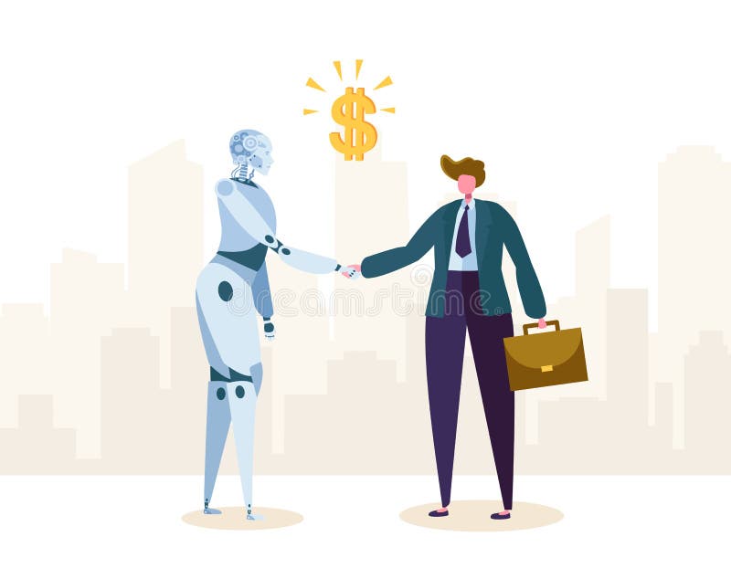 Roboter und Geschäftsmann schließen Vertrag über Partnerschaft durch Händedruck Ai-Charakter-Partner-Hilfsgeschäfts-Automatisieru lizenzfreie abbildung Roboter und Geschäftsmann schließen Vertrag über Partnerschaft durch Händedruck Ai-Charakter-Partner-Hilfsgeschäfts-Automatisieru lizenzfreie abbildung