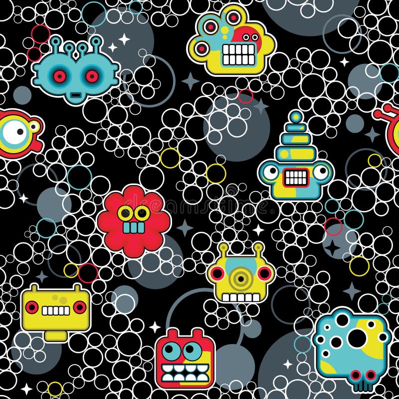 Roboter und Monster mit nahtlosem Muster der Blasen. vektor abbildung Roboter und Monster mit nahtlosem Muster der Blasen. vektor abbildung