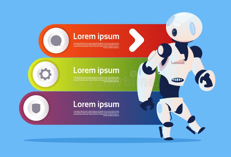 Roboter über Schablone Infographics-Hintergrund-moderner Robotik-Technologie und künstliche Intelligenz-Konzept vektor abbildung