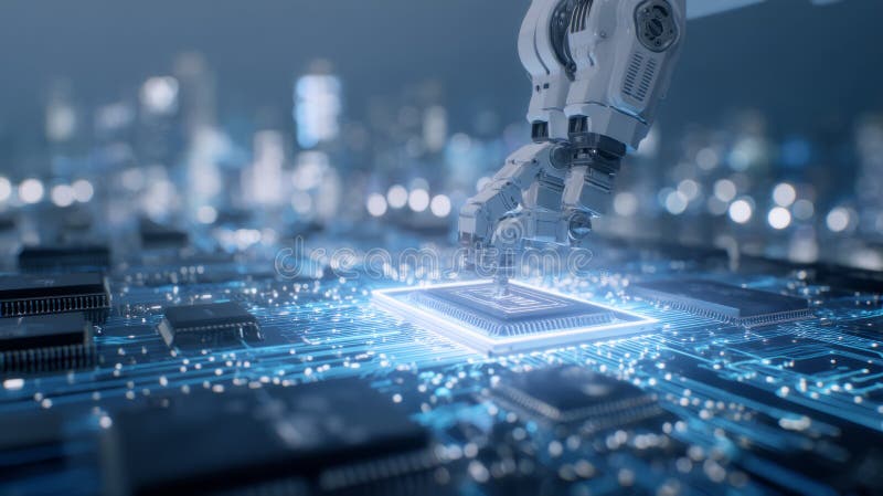 Roboterarm, der Mikrochips auf einem glühenden Leiterplattenförderer zusammenfügt vektor abbildung