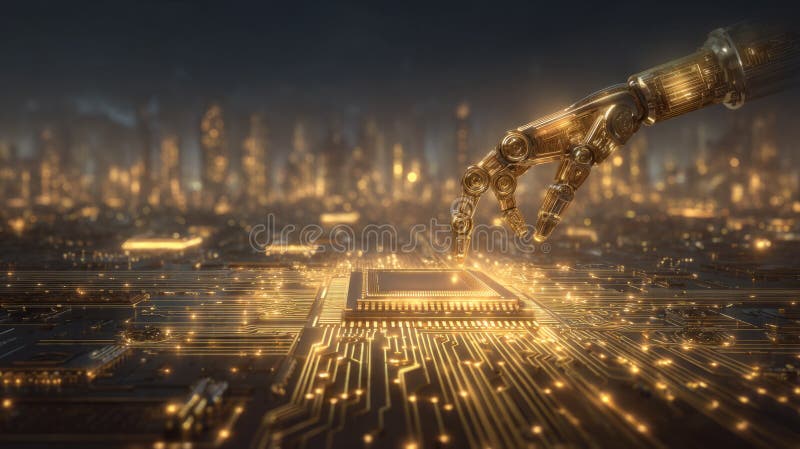 Roboterarm, der Mikrochips auf einem glühenden Leiterplattenförderer zusammenfügt. Generative AI