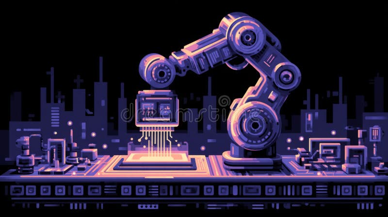Roboterarm, der Mikrochips auf einem glühenden Leiterplattenförderer zusammenfügt stock abbildung