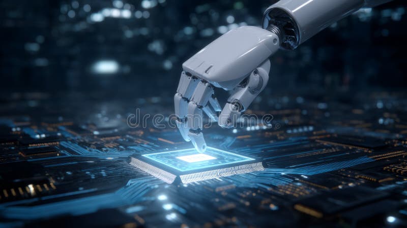 Roboterarm, der Mikrochips auf einem glühenden Leiterplattenförderer zusammenfügt stock abbildung