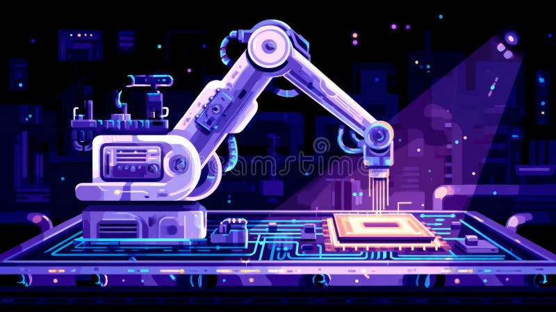 Roboterarm, der Mikrochips auf einem glühenden Leiterplattenförderer zusammenfügt vektor abbildung
