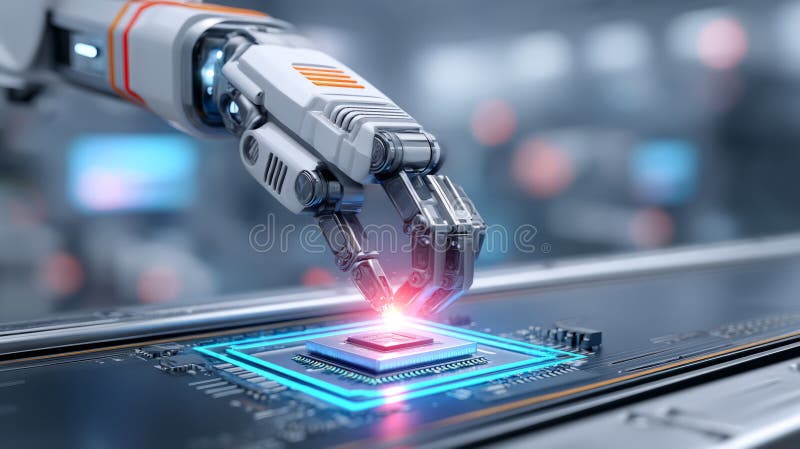 Roboterarm, der Mikrochips auf einem glühenden Leiterplattenförderer zusammenfügt lizenzfreie abbildung