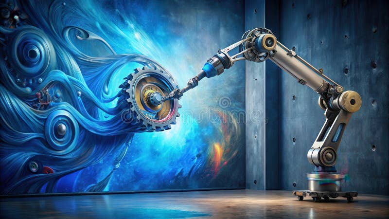 Roboterarm interagiert mit abstrakten blauen mechanischen Kunstwerken. Generative AI stock abbildung