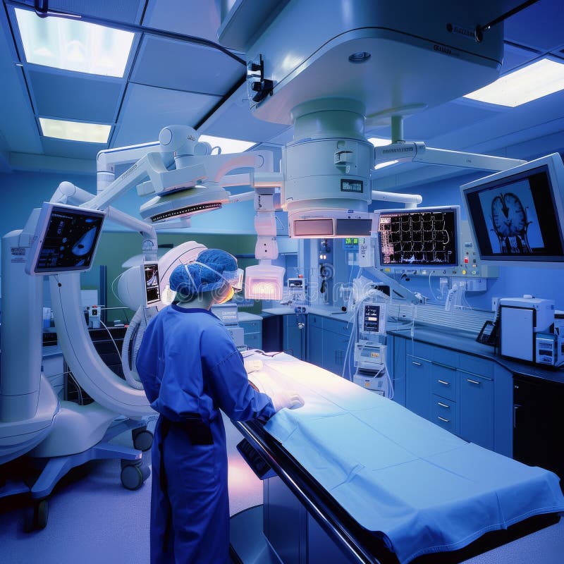 Roboterarm mit modernster medizinischer Einrichtung und Hightech-Ausrüstung. Der ultramoderne Operationssaal verfügt über einen Roboterarm, der mit Hightech-Werkzeugen ausgestattet ist, die chirurgische Eingriffe und die Patientenversorgung revolutionieren. ai generiert