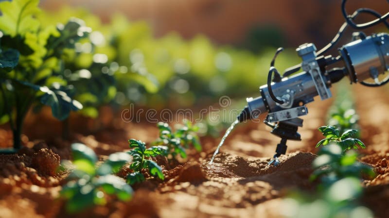 Roboterarmbewässerungsanlagen in einem futuristischen Garten stockbild