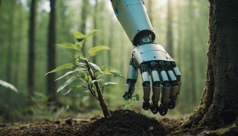 Roboterarmpflanzung. Ein Roboterarm sanft ein Saatgut im Wald pflanzt, das die Integration der Technologie in die generierte Umweltschutzbeihilfe veranschaulicht