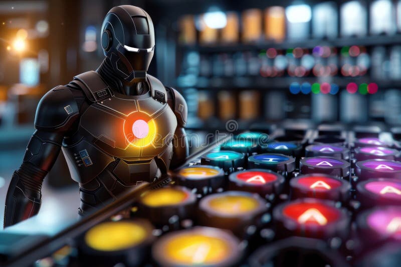 Roboterfigur mit bunten Ai-Lichtern, die die Integration künstlicher Intelligenz in moderne Robotik symbolisieren lizenzfreie abbildung