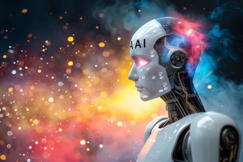 Roboterfigur mit pulsierender Ai-Wolke, die die Integration künstlicher Intelligenz in moderne Robotik darstellt stock abbildung