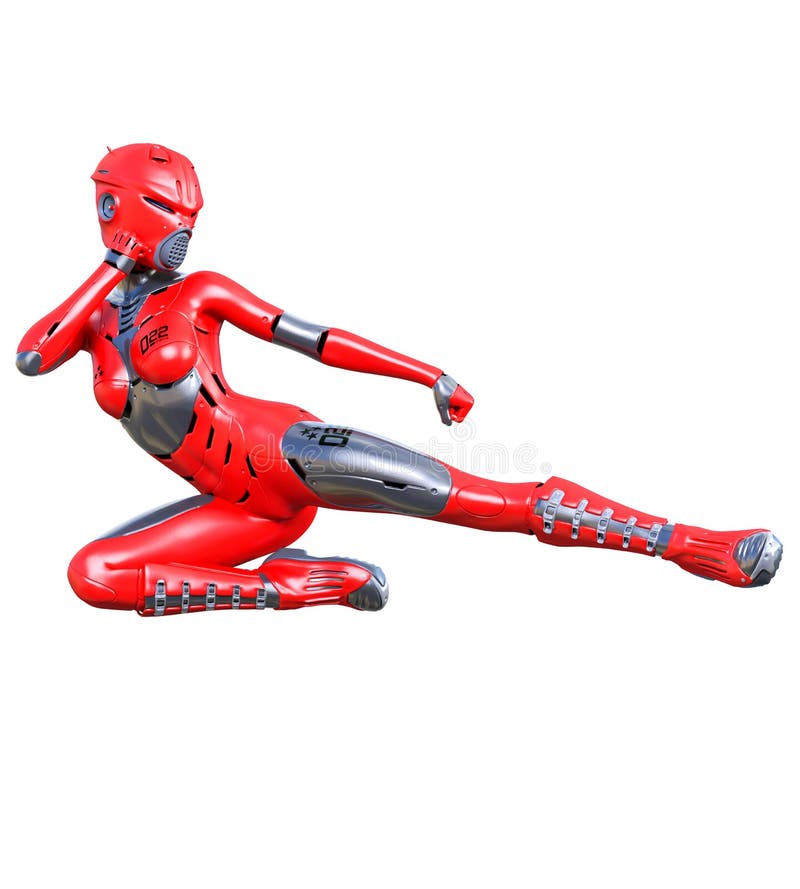 Roboterfrau. Red Matt- Metall-droid. Künstliche Intelligenz stock abbildung
