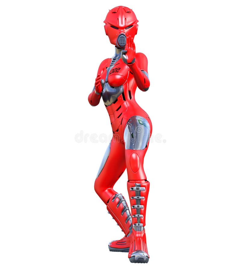 Roboterfrau. Red Matt- Metall-droid. Künstliche Intelligenz lizenzfreie abbildung
