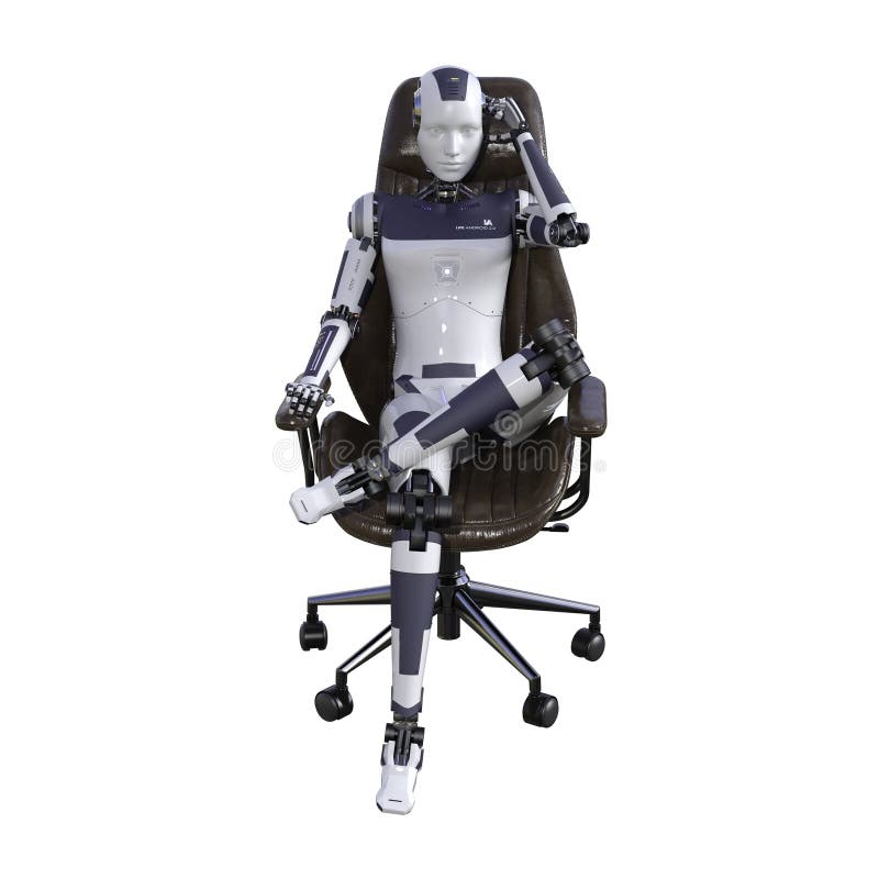 Roboterfrau sitzt auf einem Bürostuhl isoliert auf weißem Hintergrund. stock abbildung
