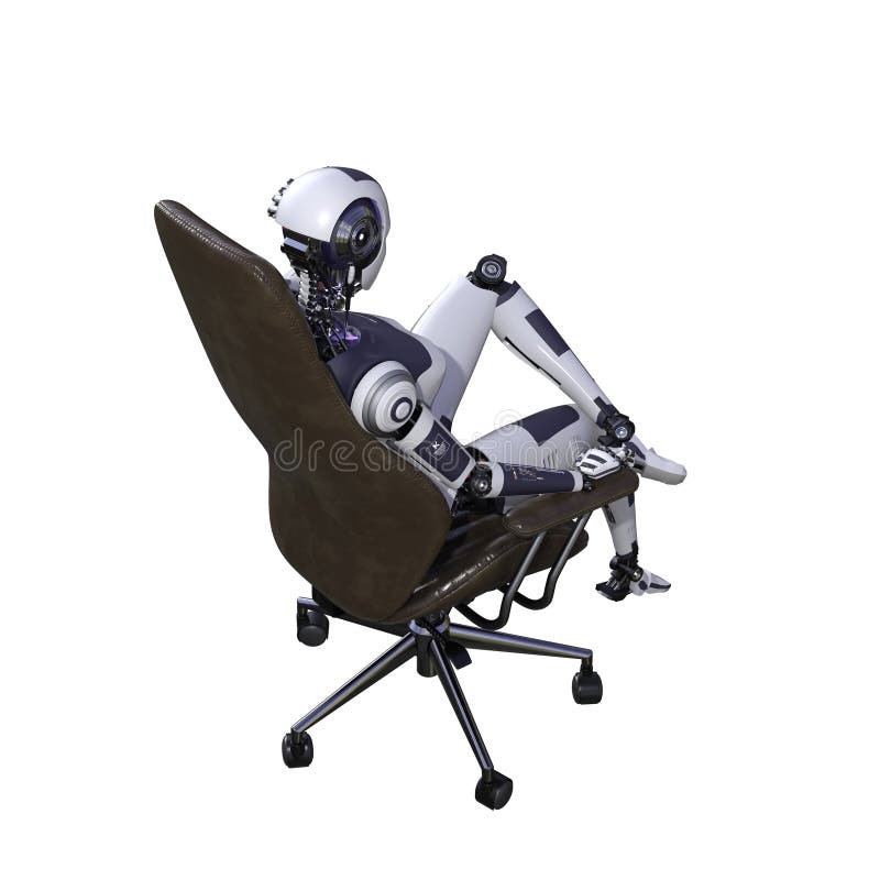 Roboterfrau sitzt auf einem Bürostuhl isoliert auf weißem Hintergrund. stock abbildung
