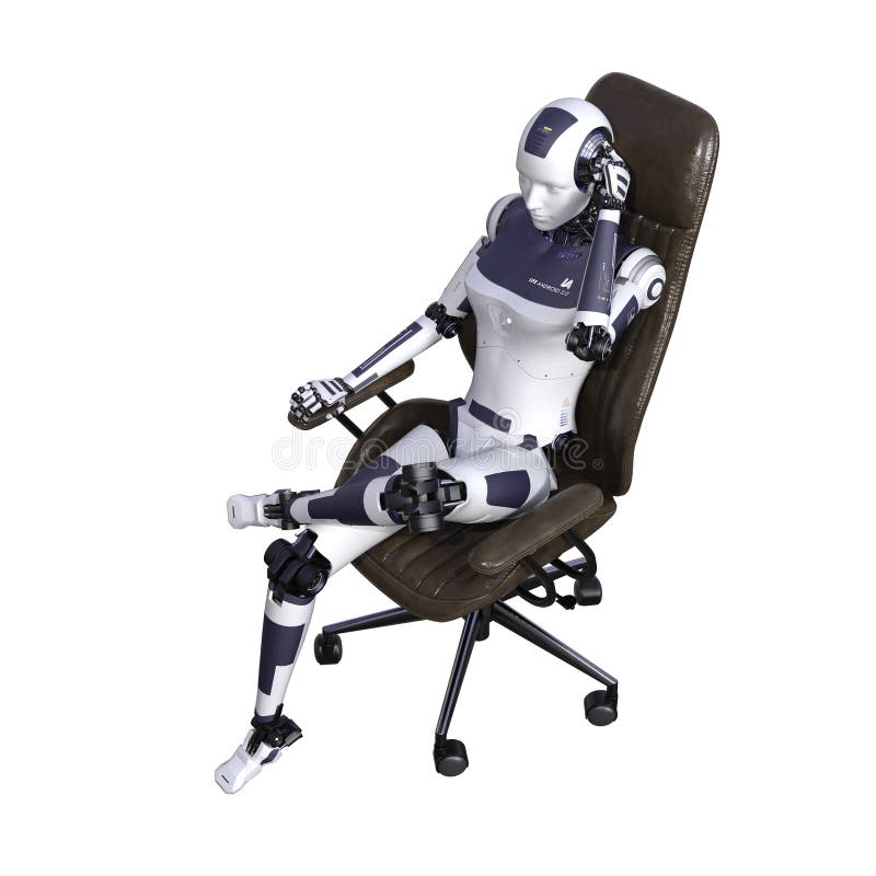 Roboterfrau sitzt auf einem Bürostuhl isoliert auf weißem Hintergrund. vektor abbildung