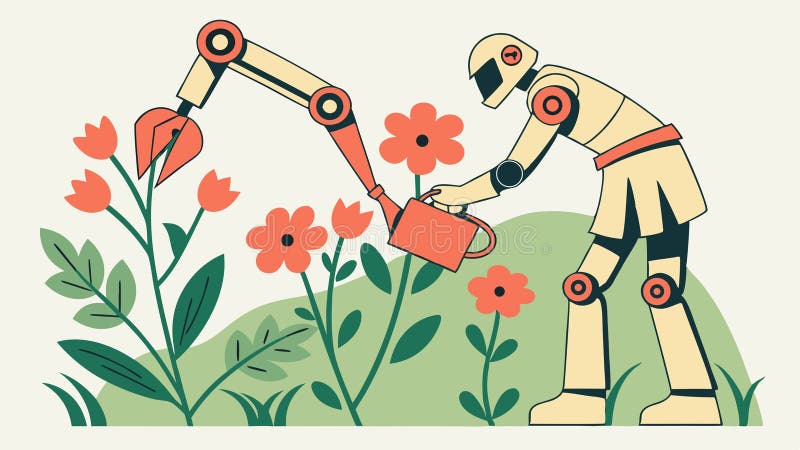 Robotergartenbau mit Blumen Automatisierungsvektordesign Generative KI. Eine Abbildung eines Roboters, der aktiv mit Blumen interagiert. Stellt die Zukunft und die Interaktion zwischen Technologie und Automatisierung dar. Geeignet für Technologieunternehmen Umweltthemen oder Designs im Zusammenhang mit Innovation und modernen Lösungen, die Elemente der Zukunft und Natur Vektordesign Generative KI kombinieren